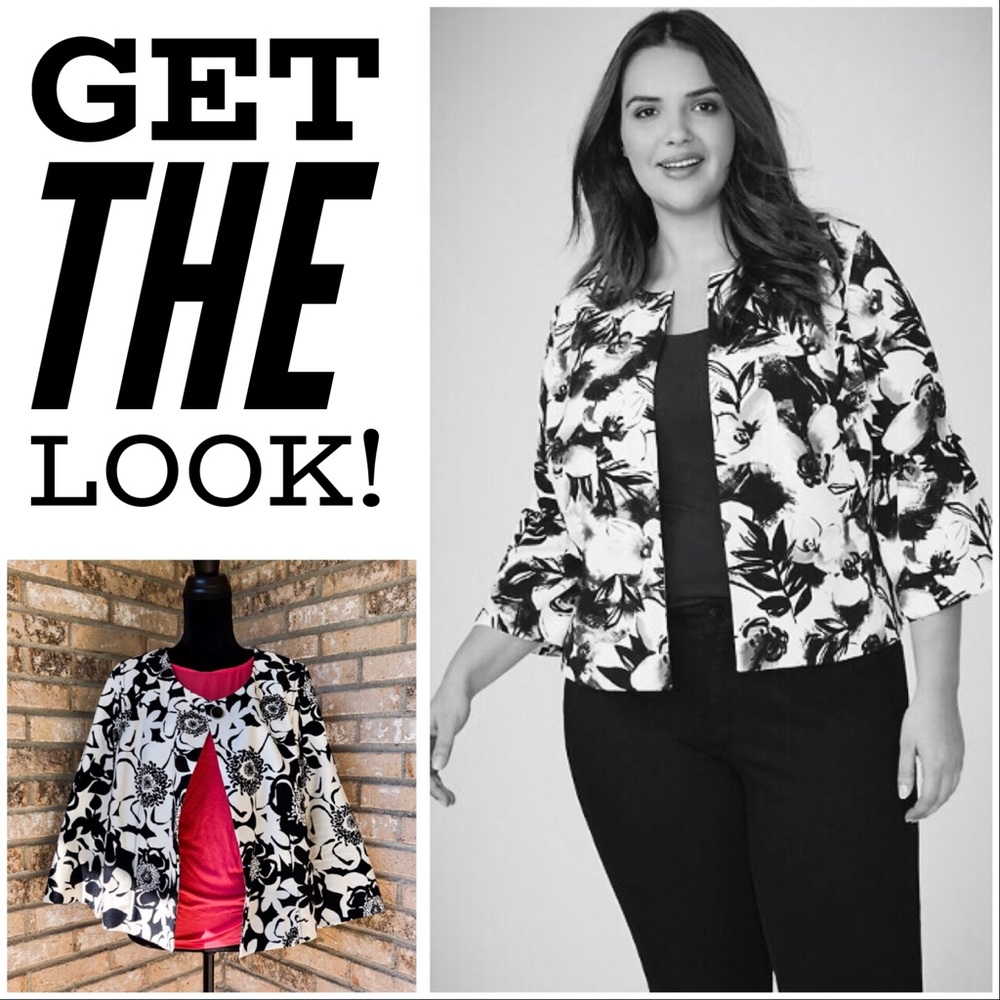 EUC Merona Sz L One-Button B&W Floral Crop Blazer